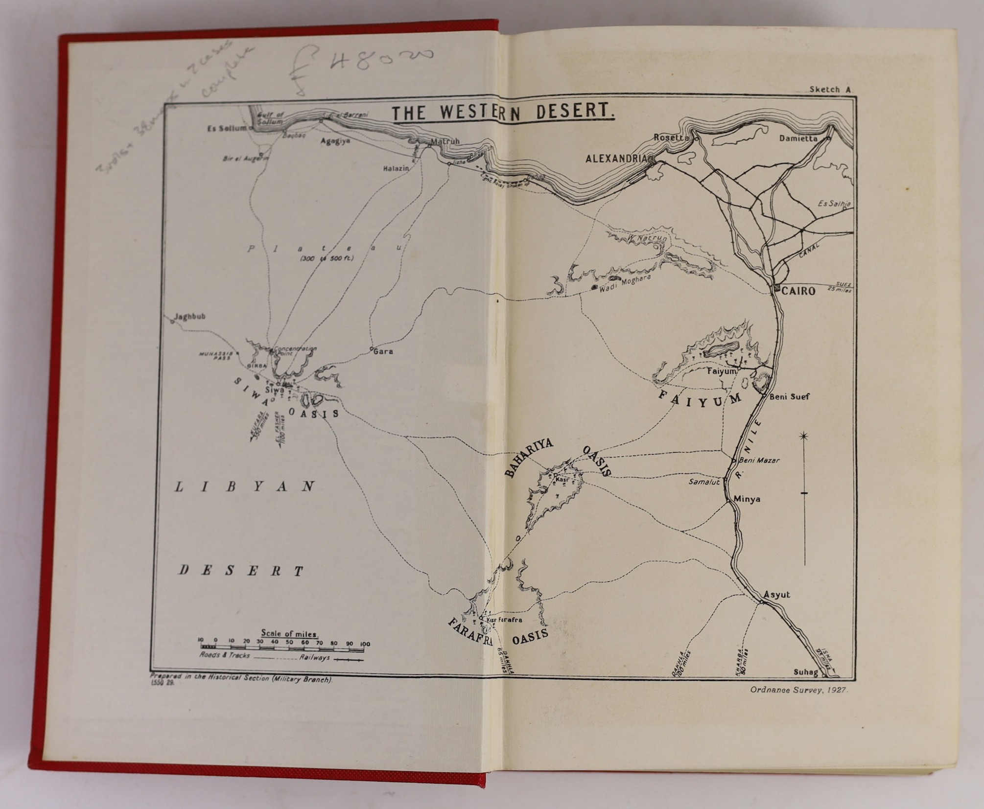 MacMunn, George Fletcher, Sir and Falls, Cyril, Military Operations Egypt & Palestine, 3 vols and 2 cloth drop-front boxes, 8vo, original red cloth, with 38 folded maps, sketches and photographs, HMSO, London, 1928-30